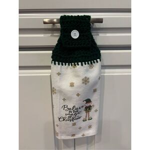 Crochet Top Kitchen Towel-Believe in Christmas. Green topper